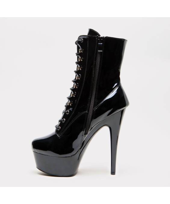 BOTTINES VINYLE NOIR PLATE FORME LACET