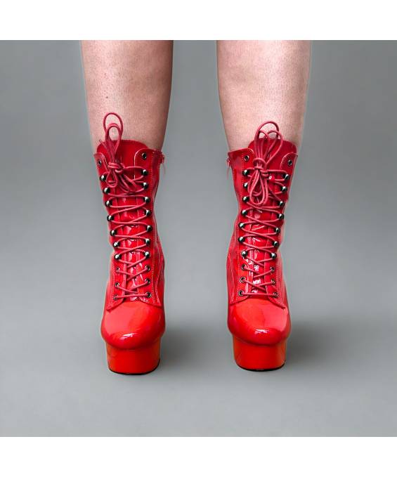 BOTTINES VINYLE ROUGE PLATE FORME LACET