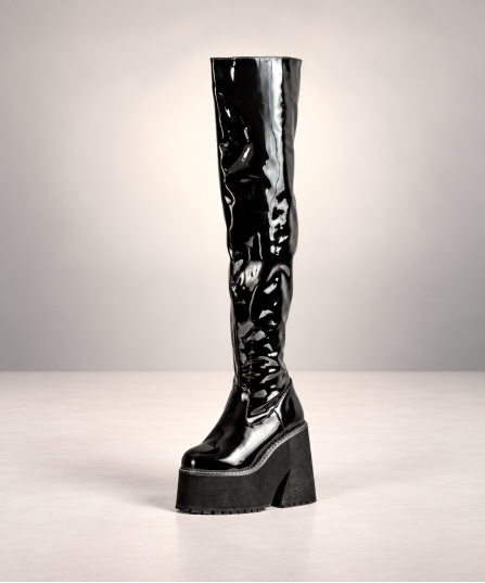 Ania Gothic Plateau-Stiefel aus schwarzem Vinyl – Demonia Shoes