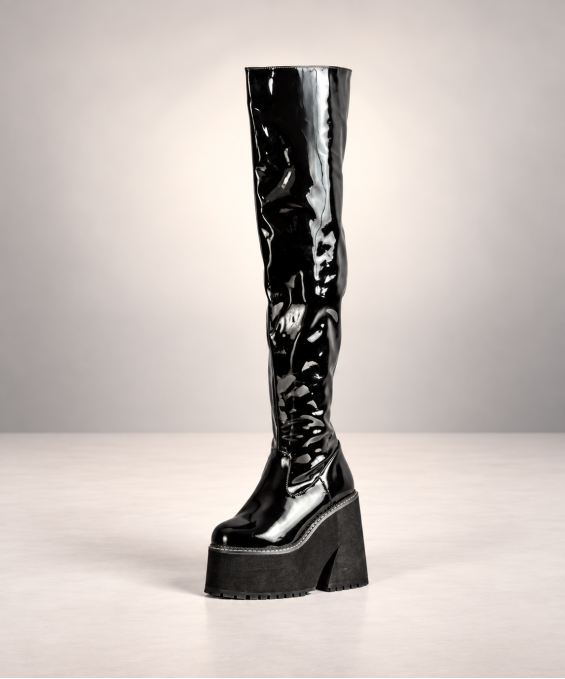 Ania Gothic Plateau-Stiefel aus schwarzem Vinyl – Demonia Shoes