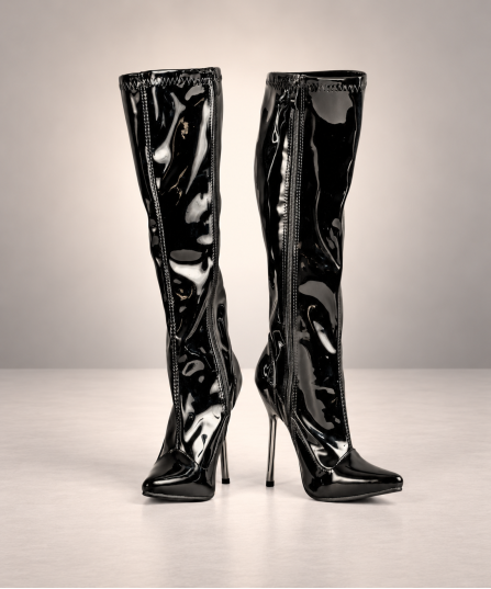 Gothic-Damenstiefel aus schwarzem Vinyl mit silbernem Absatz – Demonia Shoes